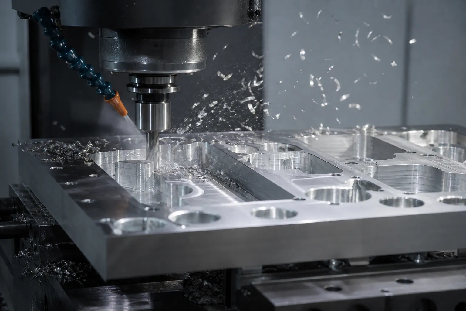 Rigid CNC router machining pockets in an aluminum plate